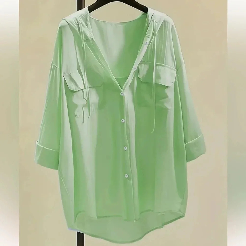 Beach Coverup Hooded Blouse Pockets Green L 8-10‎ New